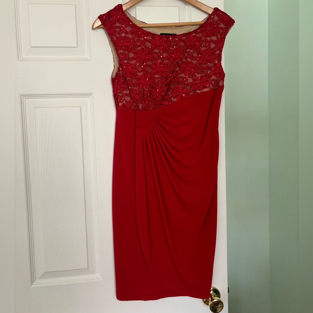 Connected Apparel Red Ruched Sheath Midi Dress